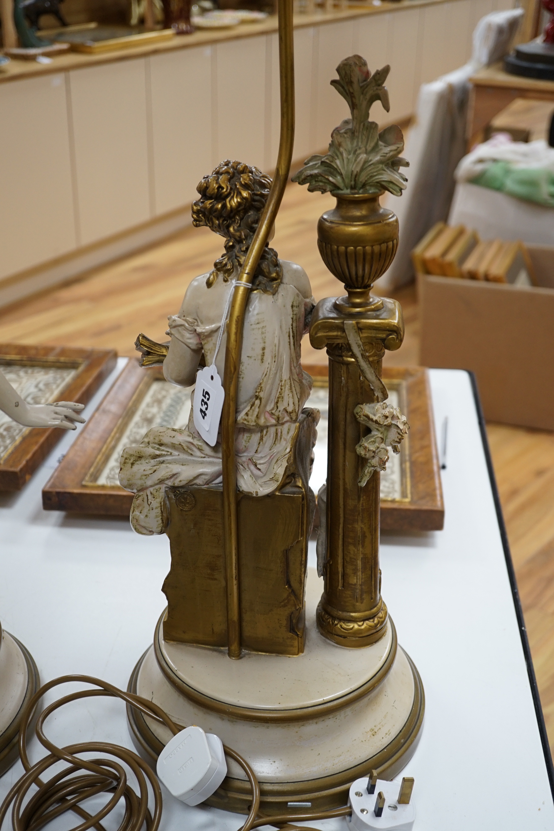 A pair of painted spelter figural table lamps, 82cm high including light fitting and shade